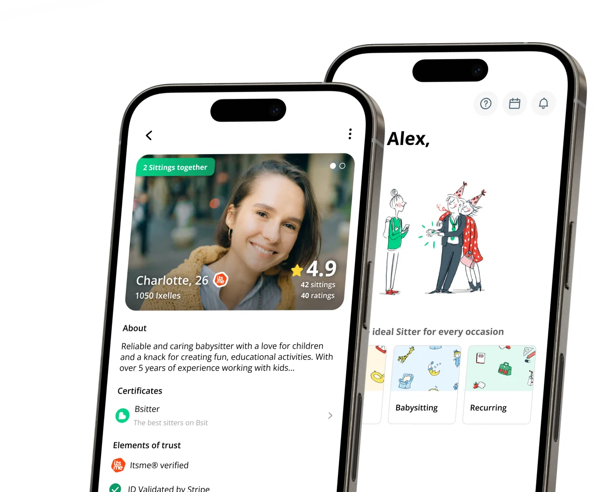 Preview of the home page and a Sitter profile in the Bsit app