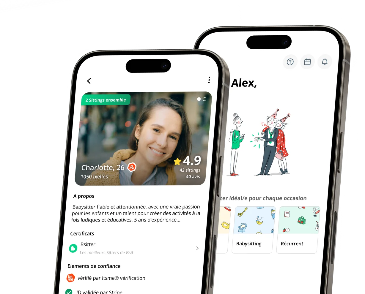 Aperçu de la page d'accueil et d'un profil de baby-sitter dans l'application Bsit